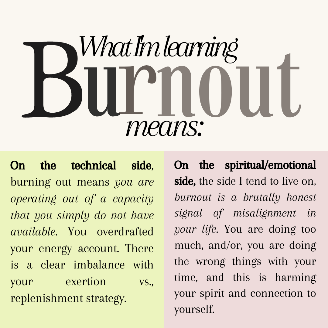 On the technical side, burning out means you are operating out of a capacity that you simply do not have available.You overdrafted your energy account. There is a clear imbalance with your exertion vs., replenishment strategy.
On the spiritual/emotional side, the side I tend to live on, burnout is a brutally honest signal of misalignment in your life. You are doing too much, and/or, you are doing the wrong things with your time, and this is harming your spirit and connection to yourself.
